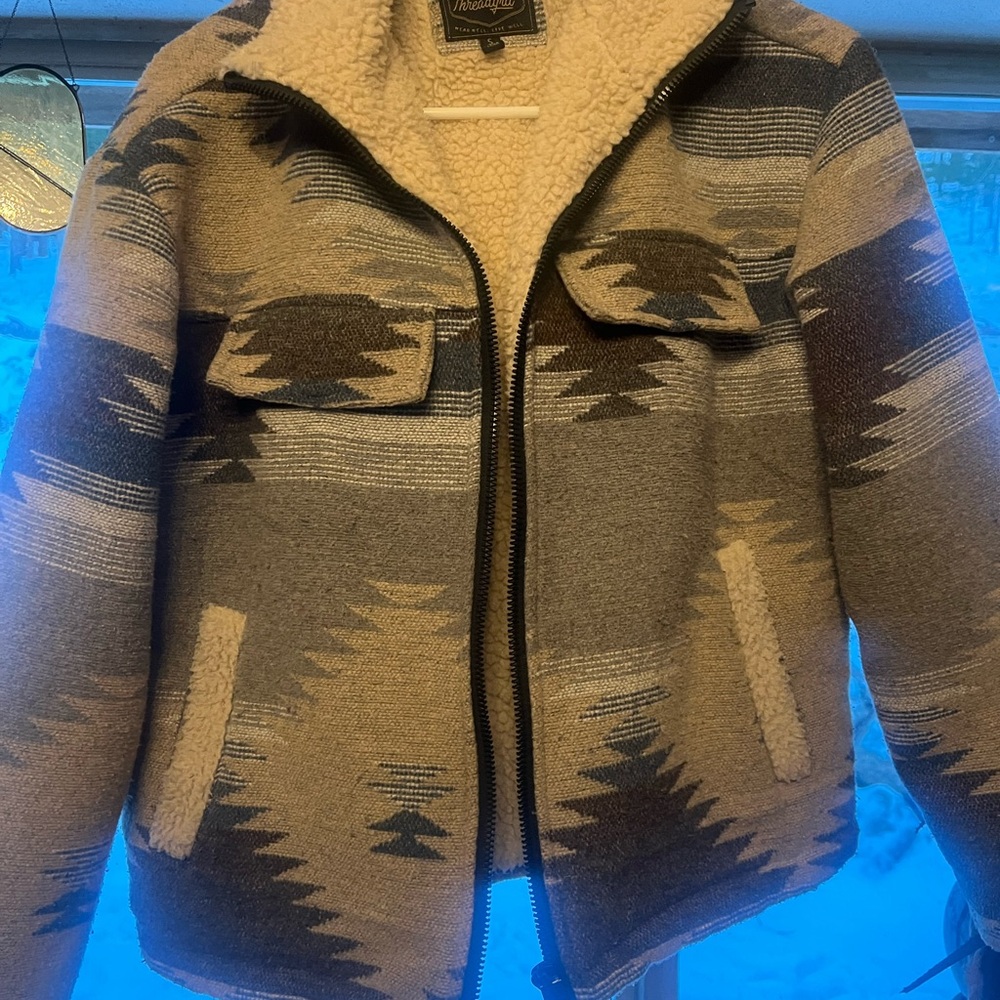 Threadgrit Sherpa Lined Southwestern Aztec Zip Jacket Small - Picture 8 of 8